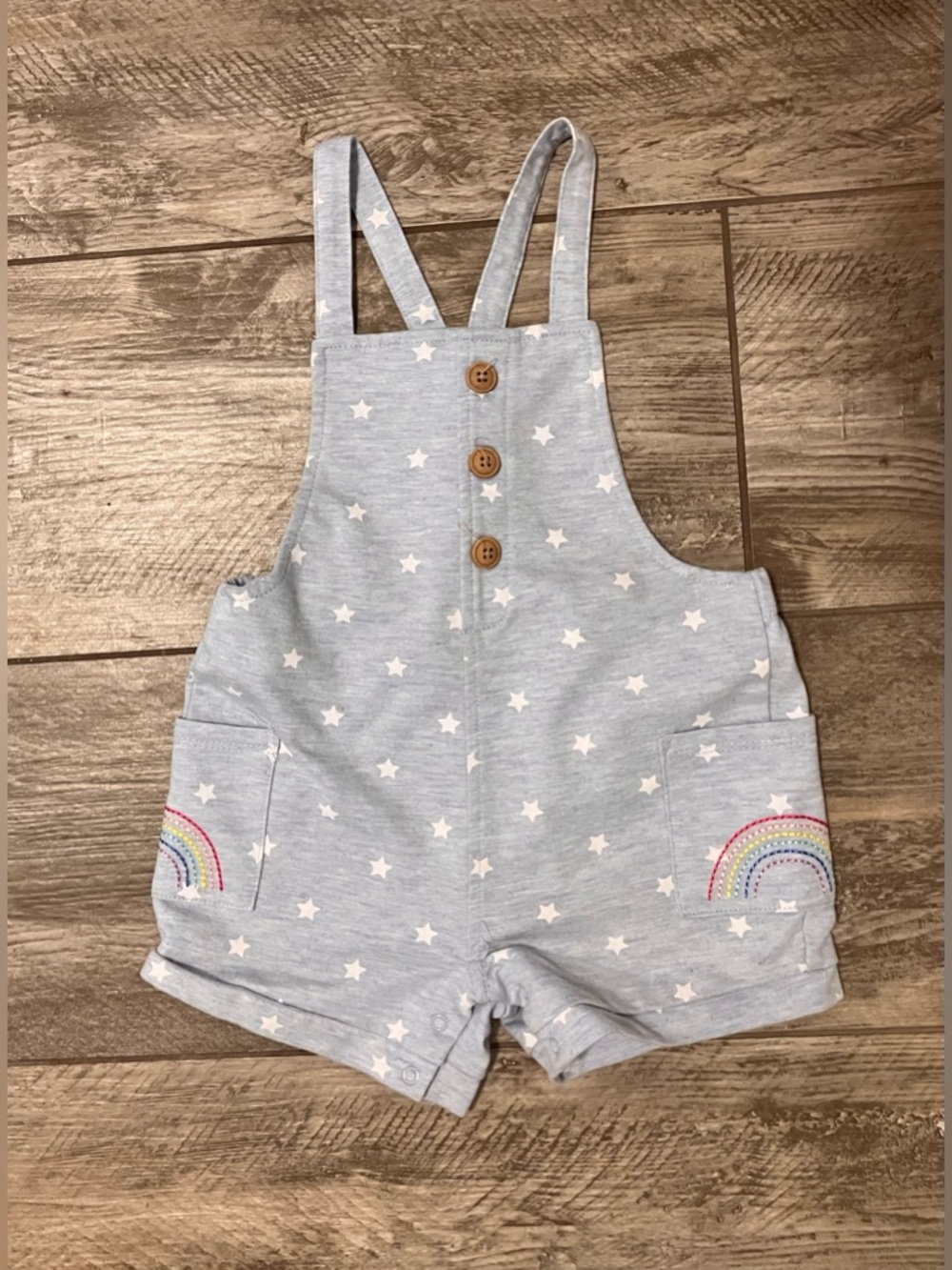 Little Me Light Blue Star Print Short Overalls with Rainbow Pockets